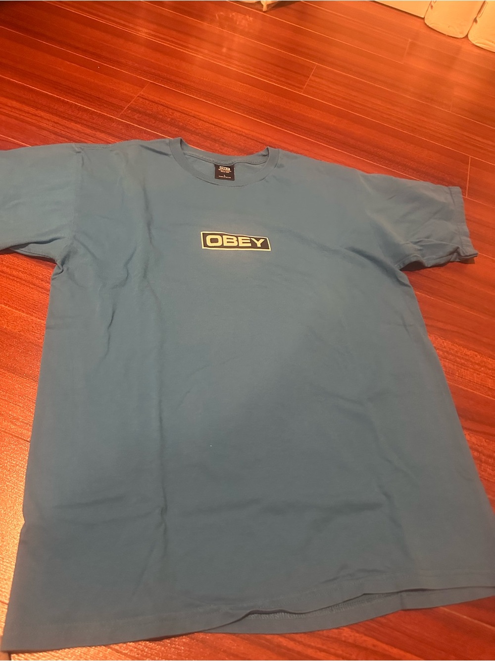 Obey Men's Teal Blue Logo Short Sleeve Tee